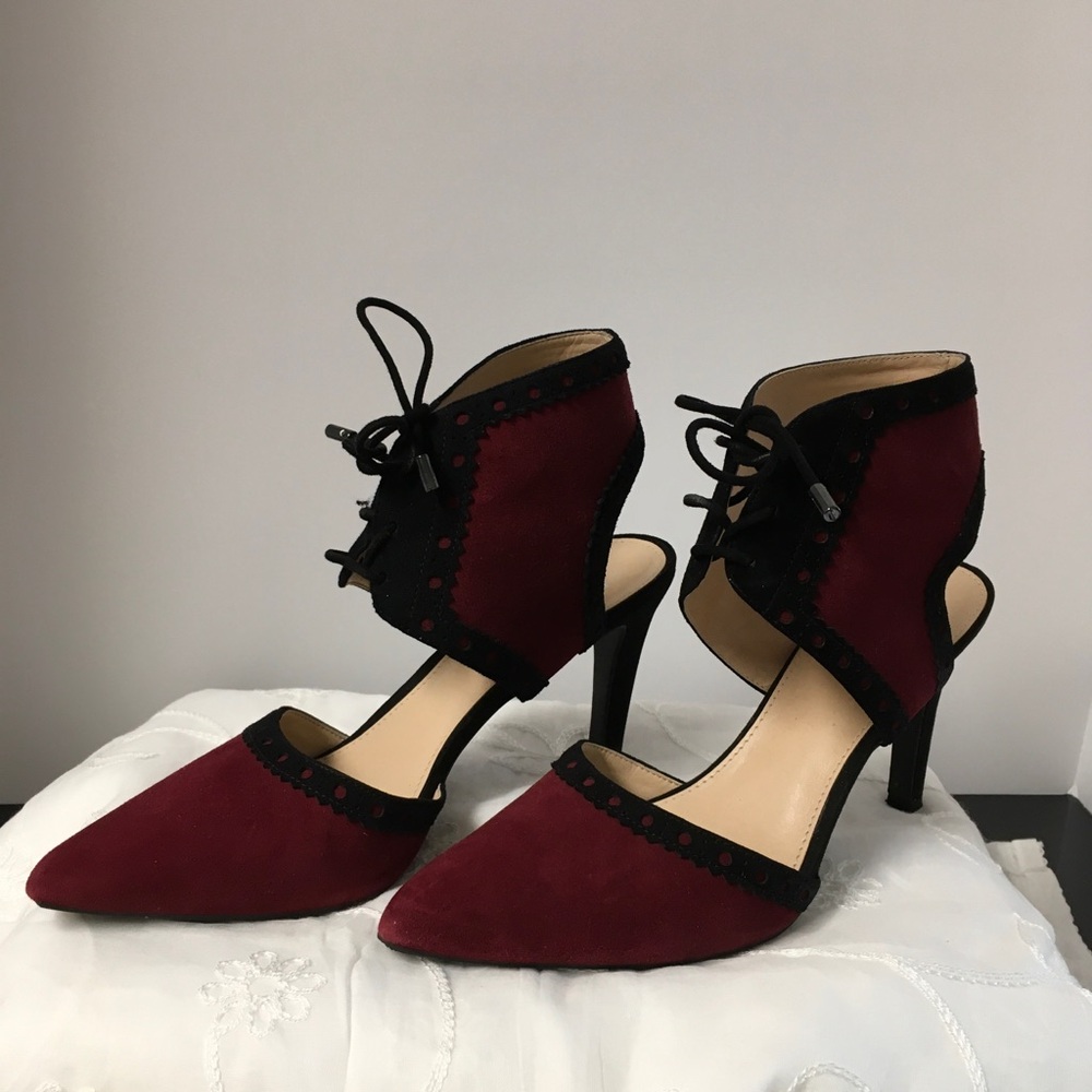 Franco Sarto Burgundy and Black Lace-Up Pointed Heels